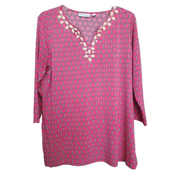 Susan Graver LiquidKnit Pink Embellished Split Neck Tunic Size Medium - Picture 1 of 8